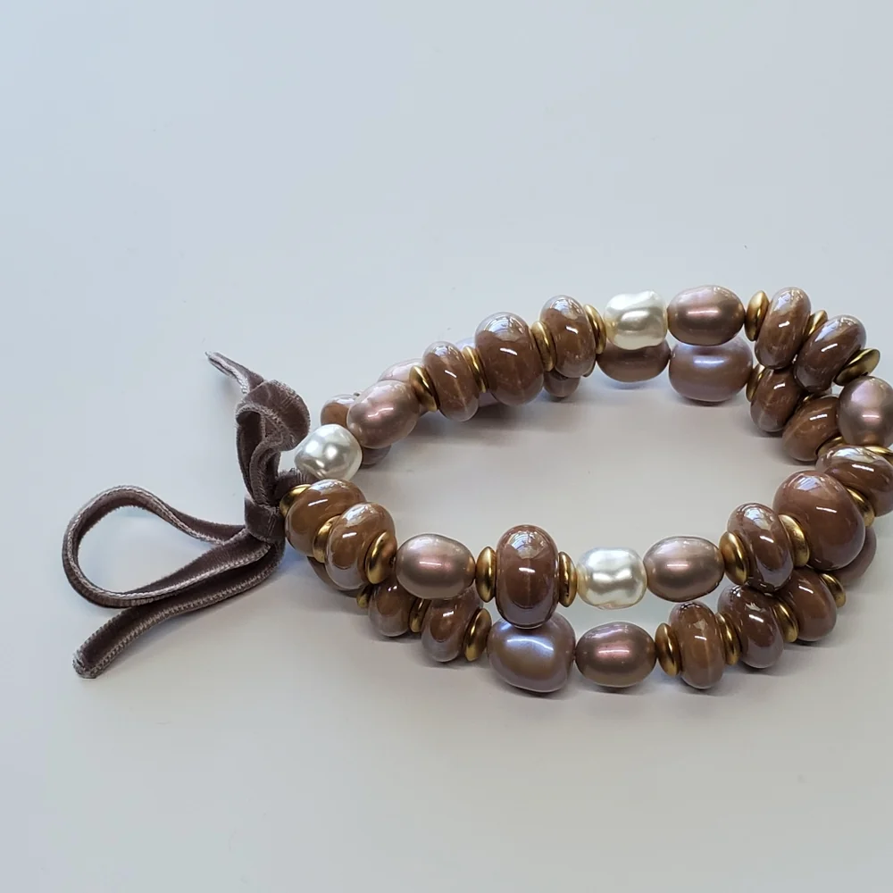 Chico's Taupe Cappuccino Two-Strand Faux Pearl Necklace and Stretch Bracelet Set - Picture 6 of 15
